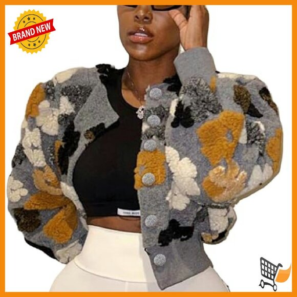 Cropped Floral Shacket Bomber Jacket Women's Long Sleeve - Picture 3 of 8